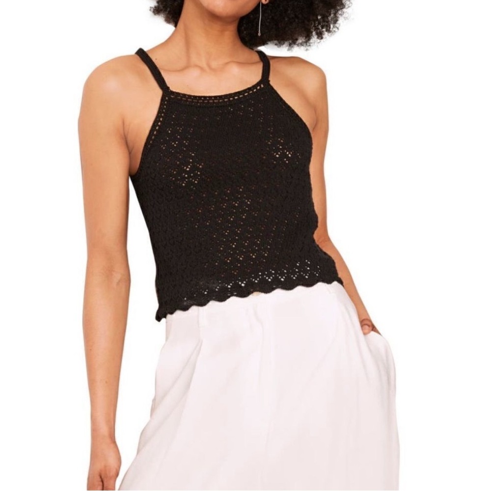 French Connection Square Neck Black Crochet Knit Nora Tank Top small beach boho